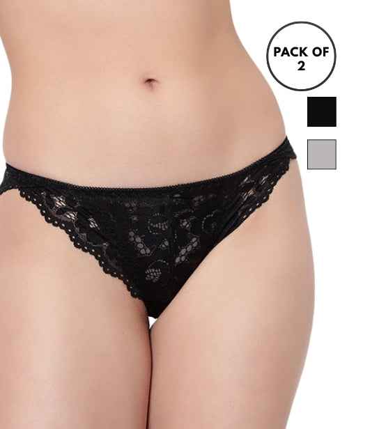 Set Of 2 Black & Grey Mid-Rise Net Self Design Panties Bikini Briefs