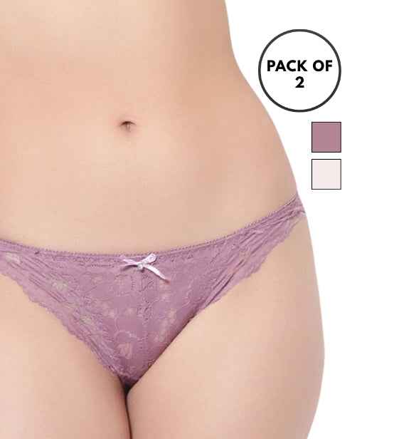 Set Of 2 Purple & Peach Mid-Rise Net Self Design Panties Bikini Briefs