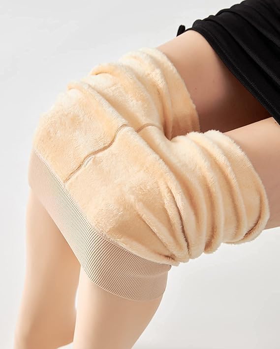 Women Beige Solid Winter Warm Fleece Lined Soft Touch Thick Velvet Tights Footed Thermal Stockings - Brachy