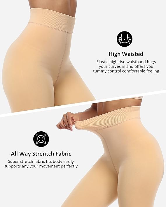 Women Beige Solid Winter Warm Fleece Lined Soft Touch Thick Velvet Tights Footed Thermal Stockings - Brachy