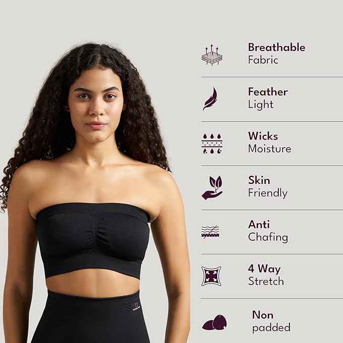 Brachy Women Black Lightly Padded Seamless Rapid Dry Bandeau Tube Bra