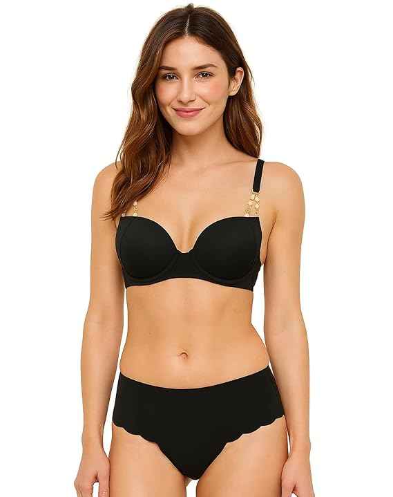 Brachy Women's Push Padded Bra Adjustable Straps Golden And White Pearl Chain Bra Panty Set