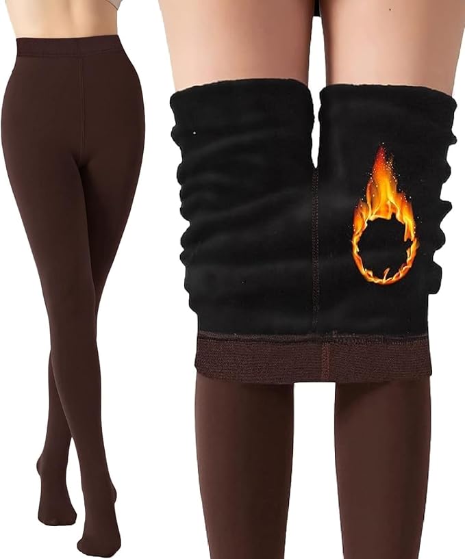 Women Brown Kashmiri Solid Footed Warm Thick Fur Thermal Bottom High Waist Stockings - Brachy