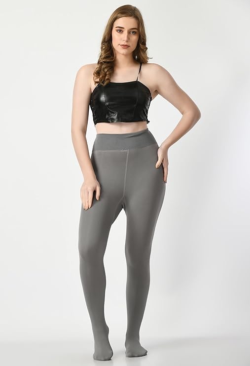 "Women Grey Solid Footed Thermal Bottom Thick Fur Thermal Tights Stockings - Brachy"