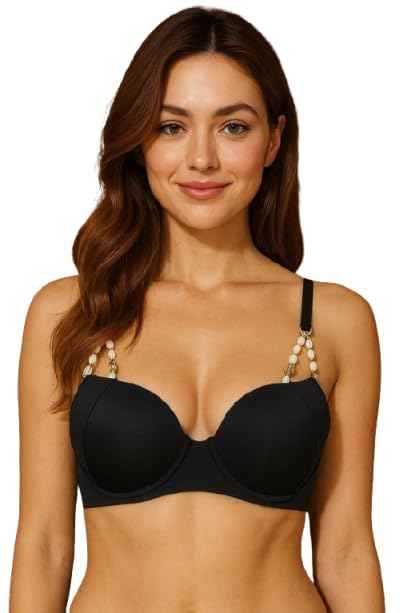 Brachy Women's Push Padded Bra Adjustable Straps Golden And White Pearl Chain Bra Panty Set