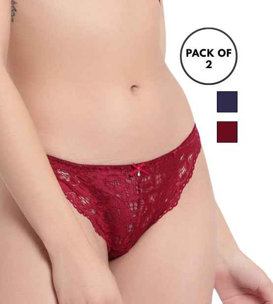 Set Of 2 Blue & Maroon Mid-Rise Net Self Design Panties Bikini Briefs
