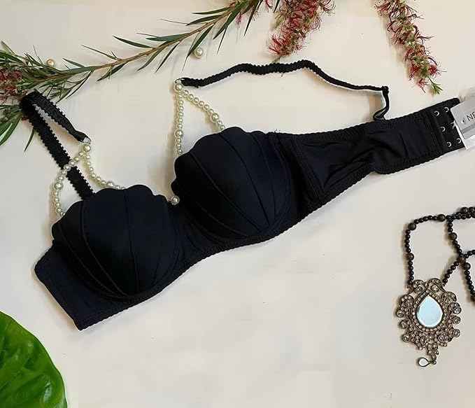 Brachy Women's Push Padded Bra Adjustable Straps Golden And White Pearl Chain Bra Panty Set