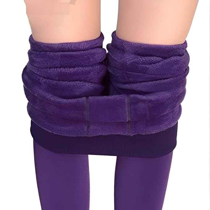 Plus Size Women Purple Comfort Fleece Footed Fur Stocking Winter Wear Extra Warm, Woolen High Waisted Lined Thigh Highs