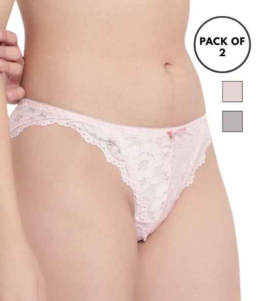 Set Of 2 Peach & Grey Mid-Rise Net Self Design Panties Bikini Briefs