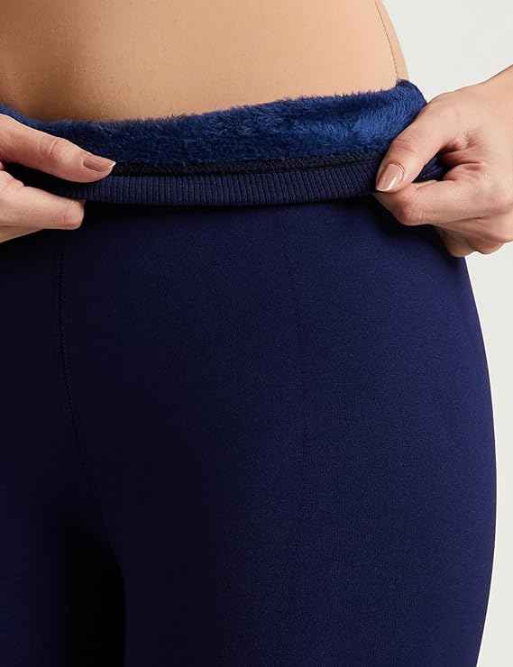 Women's Navy Blue Skinny Fit Mid Rise Winter Fleece Lined Thermal Leggings