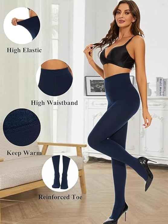Plus Size Women Navy Blue Comfort Fleece Footed Fur Stocking Winter Wear Extra Warm, Woolen High Waisted Lined Thigh Highs