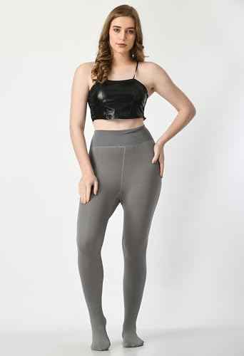 Plus Size Women Grey Comfort Fleece Footed Fur Stocking Winter Wear Extra Warm, Woolen High Waisted Lined Thigh Highs