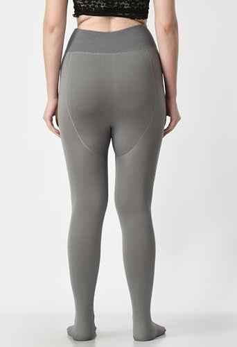 Plus Size Women Grey Comfort Fleece Footed Fur Stocking Winter Wear Extra Warm, Woolen High Waisted Lined Thigh Highs