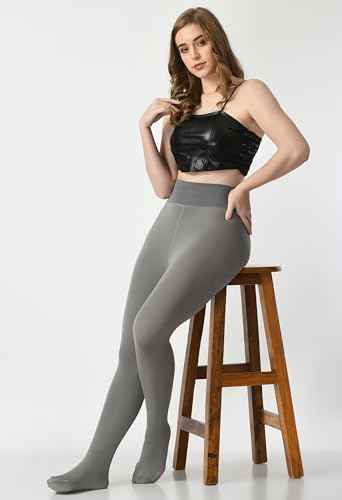 Plus Size Women Grey Comfort Fleece Footed Fur Stocking Winter Wear Extra Warm, Woolen High Waisted Lined Thigh Highs