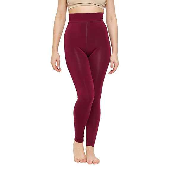 Women's Maroon Skinny Fit Mid Rise Winter Fleece Lined Thermal Leggings