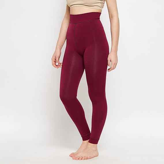 Women's Maroon Skinny Fit Mid Rise Winter Fleece Lined Thermal Leggings
