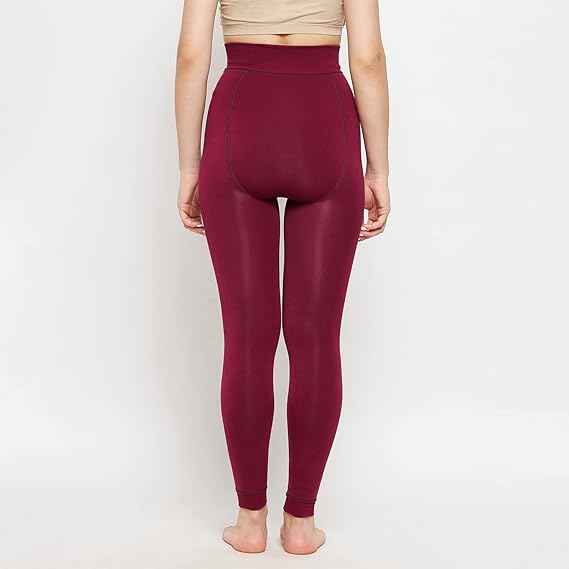 Women's Maroon Skinny Fit Mid Rise Winter Fleece Lined Thermal Leggings