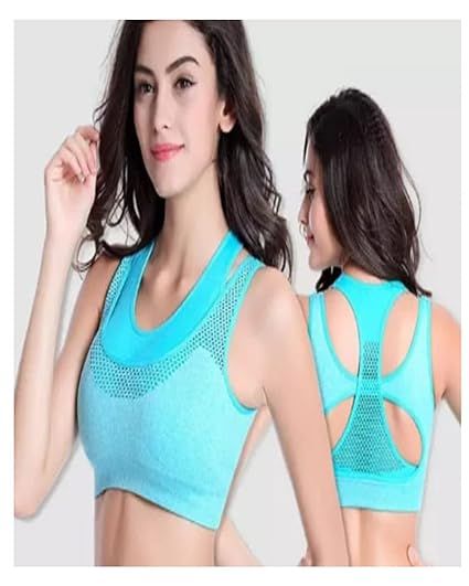 "Brachy women's blue seamless workout bra, full coverage, removable padding, non-wired, styled back with breathable mesh, ideal for all-day comfort and support."