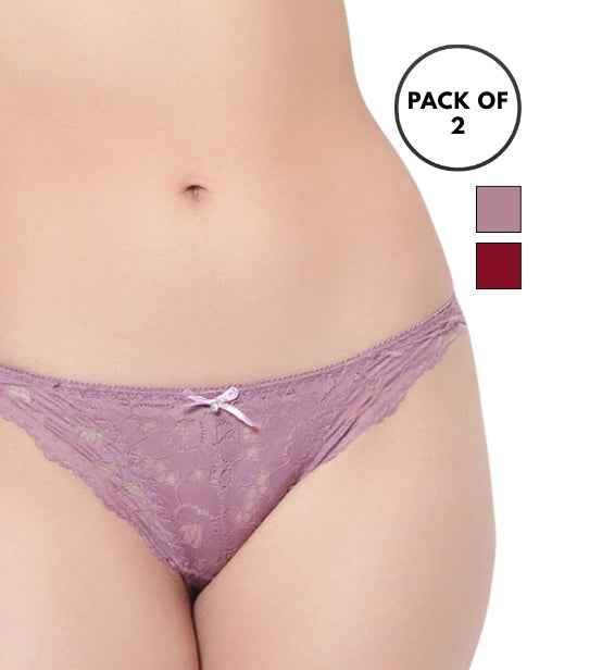 Set Of 2 Purple & Maroon Mid-Rise Net Self Design Panties Bikini Briefs