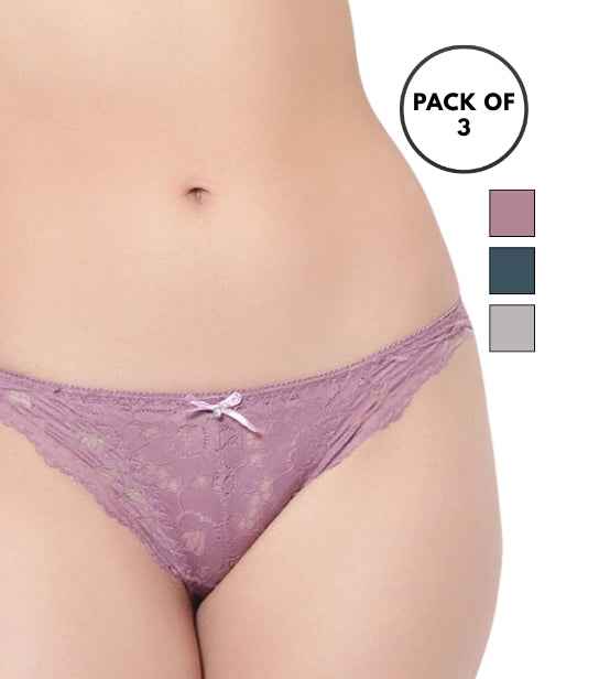 Set Of 3 Green, Purple & Grey Mid-Rise Net Self Design Panties Bikini Briefs