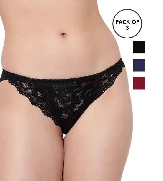 Set Of 3 Blue, Black & Maroon Mid-Rise Net Self Design Panties Bikini Briefs