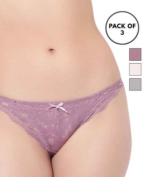 Set Of 3 Purple, Peach & Grey Mid-Rise Net Self Design Panties Bikini Briefs