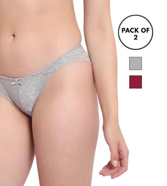 Set Of 2 Grey & Maroon Mid-Rise Net Self Design Panties Bikini Briefs