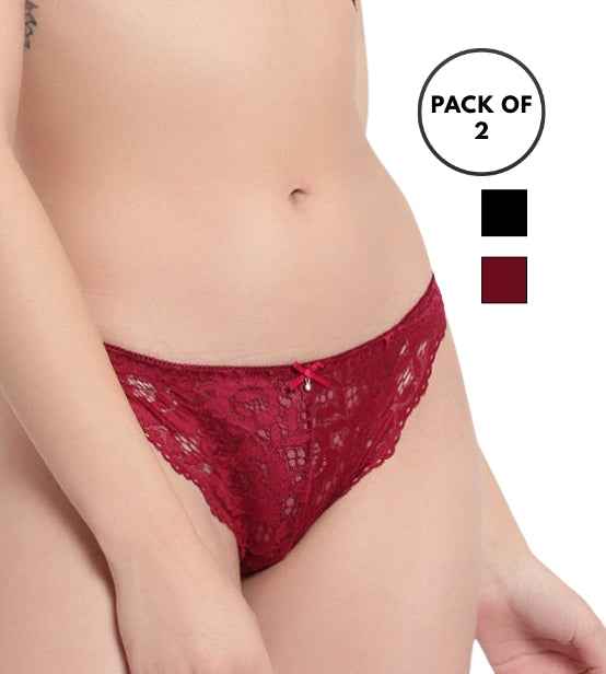 Set Of 2 Black & Maroon Mid-Rise Net Self Design Panties Bikini Briefs