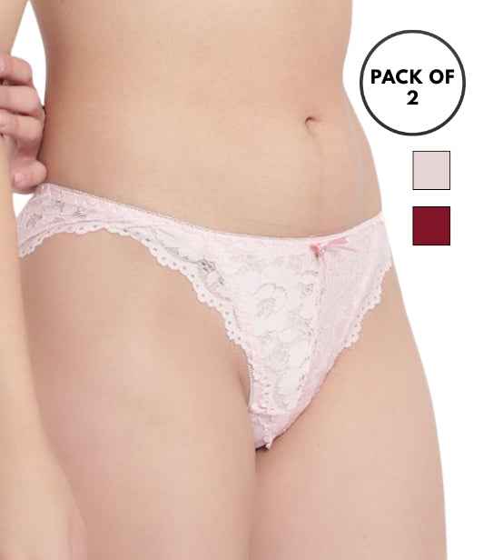 Set Of 2 Maroon & Peach Mid-Rise Net Self Design Panties Bikini Briefs