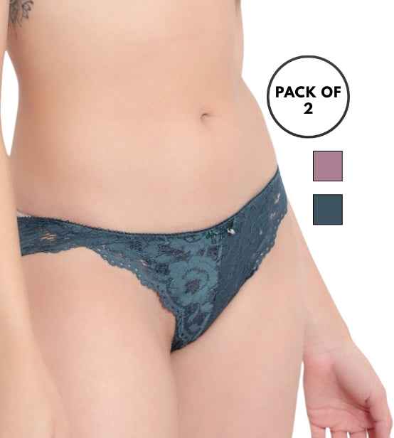 Set Of 2 Green & Purple Mid-Rise Net Self Design Panties Bikini Briefs