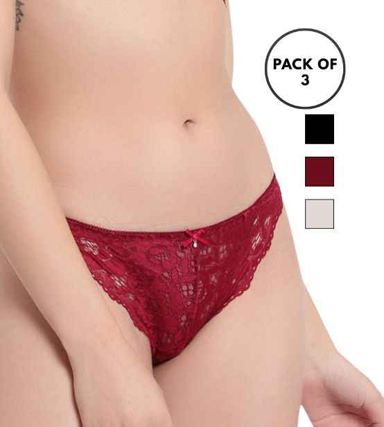 Set Of 3 Black, Maroon & Peach Mid-Rise Net Self Design Panties Bikini Briefs