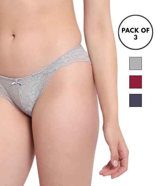 Set Of 3 Grey, Maroon & Blue Mid-Rise Net Self Design Panties Bikini Briefs