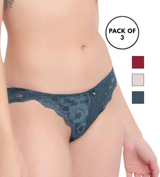 Set Of 3 Maroon,Peach & Green Mid-Rise Net Self Design Panties Bikini Briefs