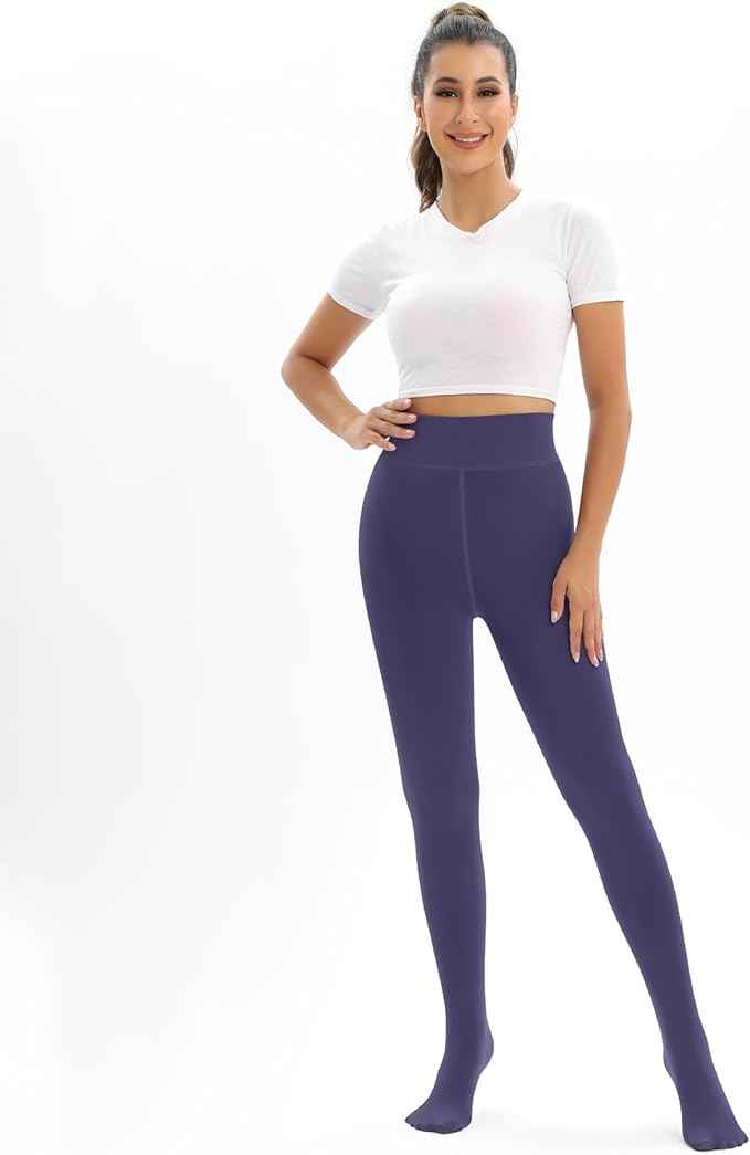 Plus Size Women Purple Comfort Fleece Footed Fur Stocking Winter Wear Extra Warm, Woolen High Waisted Lined Thigh Highs