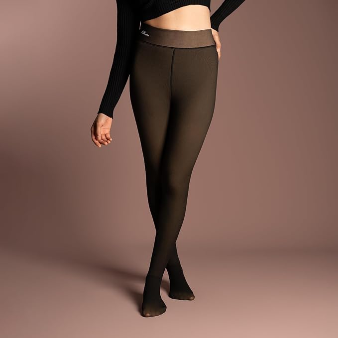 Double Tone High Rise Leggings for Women Ultimate Warm Thermal Wear, Soft Touch Woolen Skinny Thicken Fake Translucent Tights Fleece Thermal Bottom Stockings - Brachy