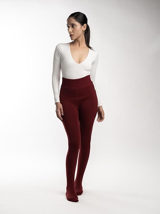 Women Maroon Winter Fur Warm Fleece-Lined Thermal Stretchable Fashion Stockings for Cold Weather. - Brachy