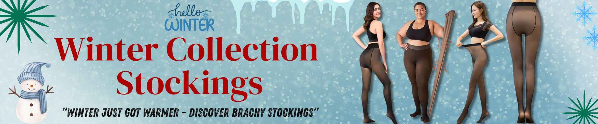 Winter-themed stockings advertisement with models wearing them against a snowy background by brachy