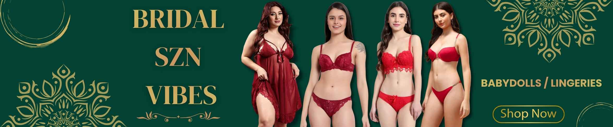 Promotional banner for bridal lingerie with models wearing red babydolls against a green background by brachy