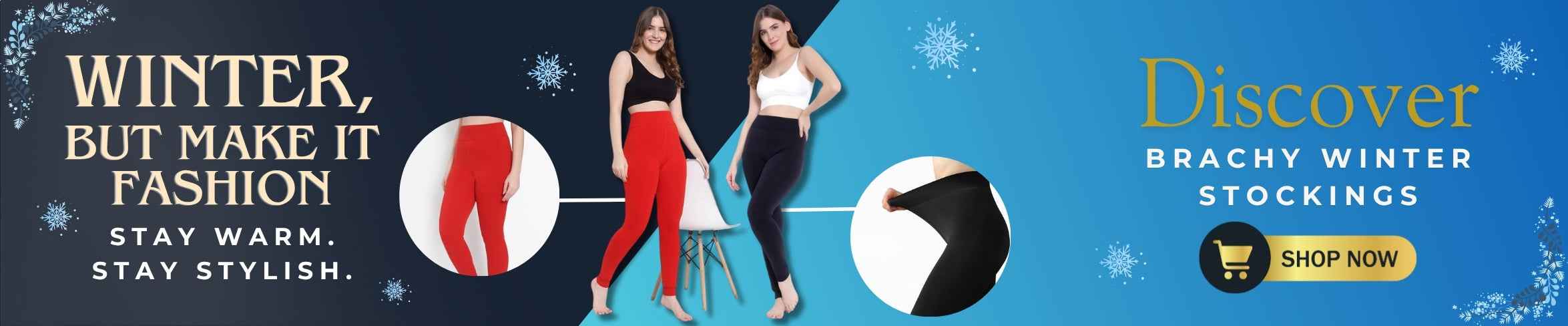Advertisement for Brachy winter stockings with two models wearing red and black leggings on a blue background by brachy