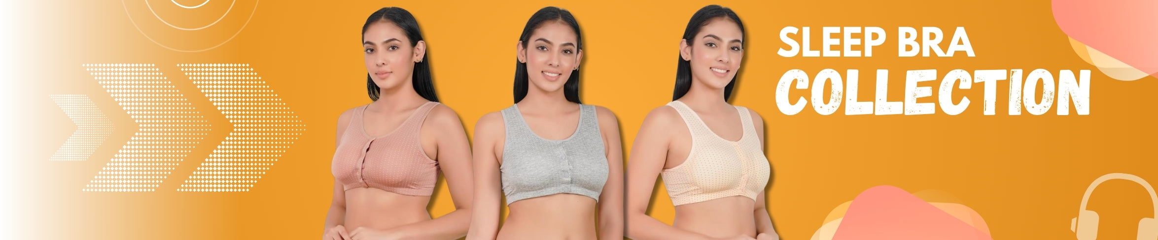 "Three women wearing sleep bras with a yellow background and 'Sleep Bra Collection' text by brachy"